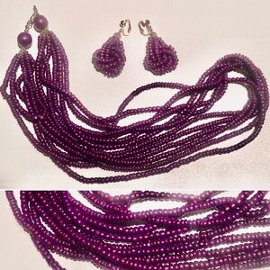Eggplant Purple Multi-Strand Beaded Necklace and Earrings Set